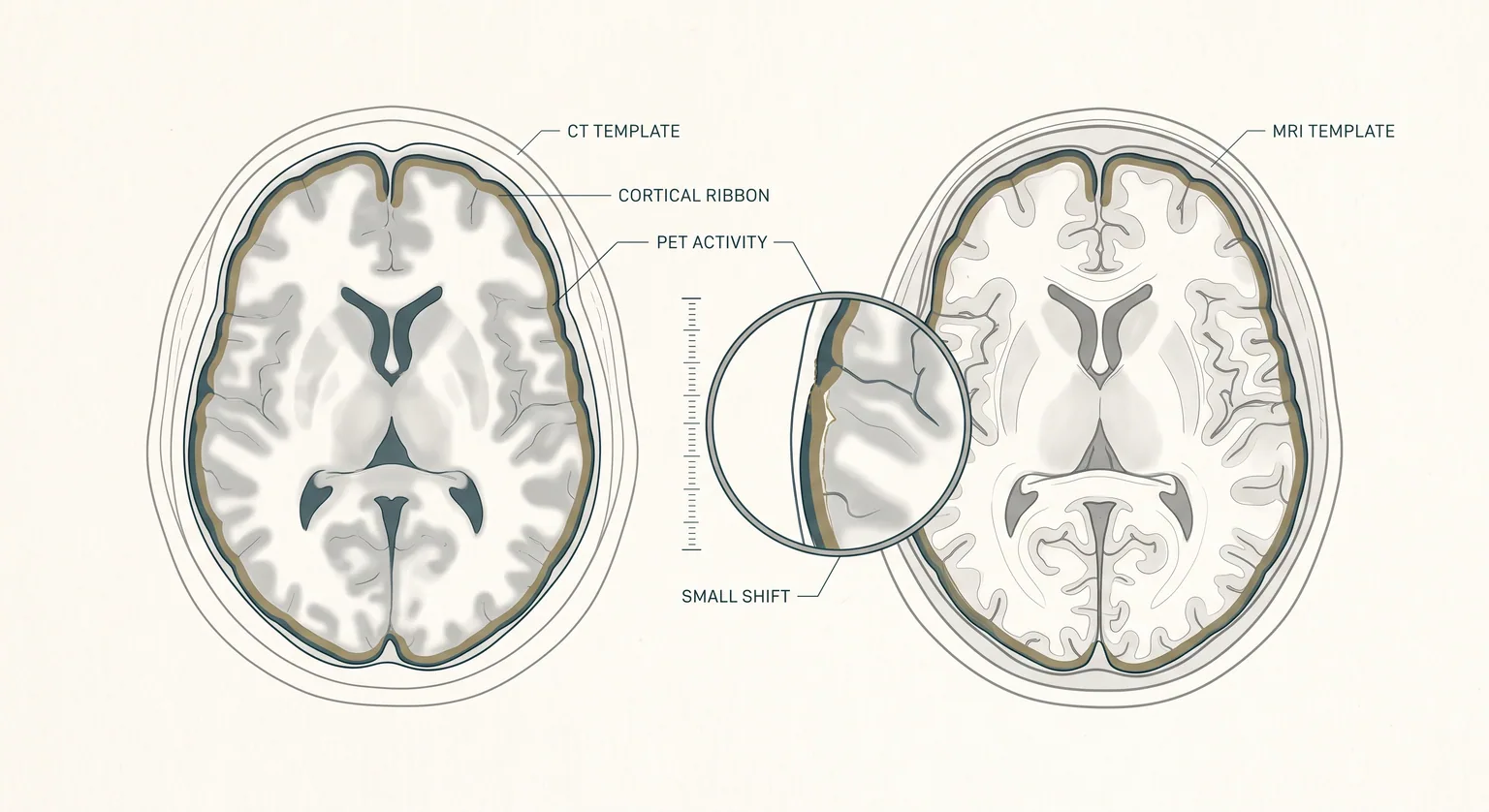 兩張軸向腦 PET 並排，一張背後有淡淡的 CT 顱骨輪廓、一張有淡淡的 MRI 輪廓；中間放大鏡把同一段皮質邊緣放大，顯示皮質帶有輕微位移。